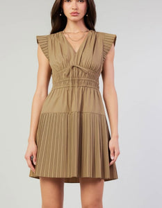 Latte SS V-Neck Pleated Mini Dress