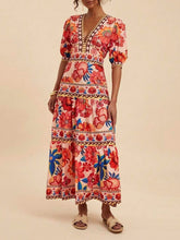 Load image into Gallery viewer, Red Resort Tropical Print V-Neck Puff Slv Maxi Dress