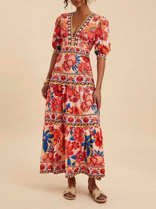 Red Resort Tropical Print V-Neck Puff Slv Maxi Dress