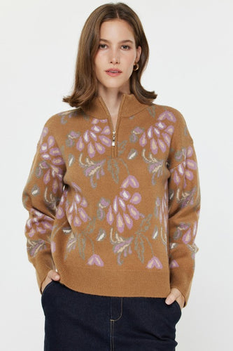 Camel Multi Print Half Zip Sweater