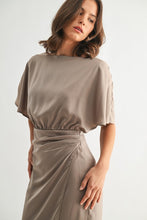 Load image into Gallery viewer, Mocha Satin Wrap Detail Midi Dress