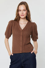 Load image into Gallery viewer, Brown V-Neck Scalloped SS Cardigan Sweater