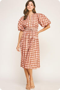 Pink Multi Print Puff Slv Midi Dress