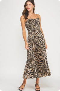 Zebra Print Pleated Satin Midi Dress