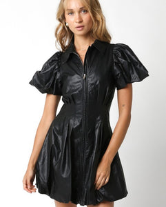 Black Leather Puff Slv Bubble Dress