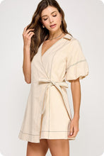 Load image into Gallery viewer, Ecru/Black Stitch Wrap Collared Mini Dress
