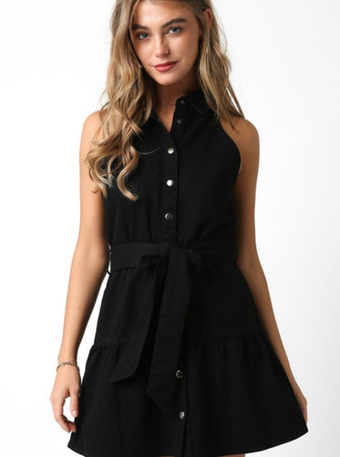 Black Denim Tie Waist Slvls Dress