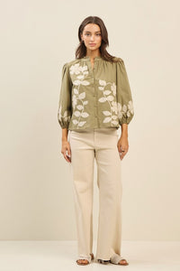 Lt. Olive Embroidered Button Down Top