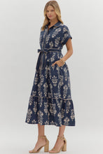 Load image into Gallery viewer, Navy Printed Button Down Tie Waist Dress