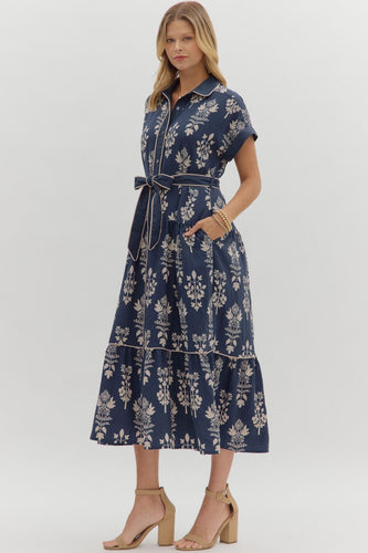 Navy Printed Button Down Tie Waist Dress