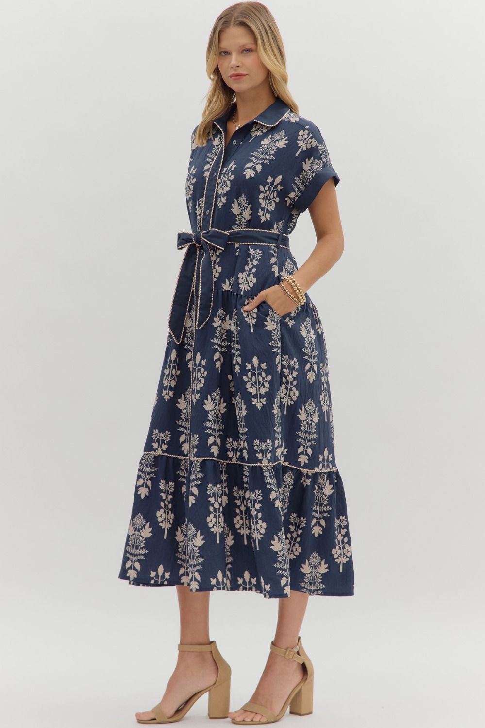 Navy Printed Button Down Tie Waist Dress