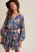 Load image into Gallery viewer, Blue Floral Print V-Neck Tiered Skirt Dress