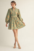 Load image into Gallery viewer, Sage Floral Ruffled Neck LS Dress
