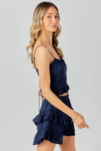 Load image into Gallery viewer, Navy Lace/Ruffle Cami Top