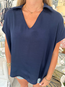 Satin SS Johnny Collar Blouse Navy
