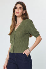 Load image into Gallery viewer, Olive V-Neck Scalloped SS Cardigan Sweater
