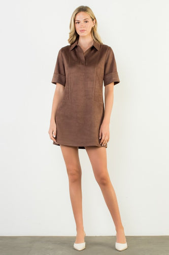 Dark Brown SS Collared Suede Dress (THML)