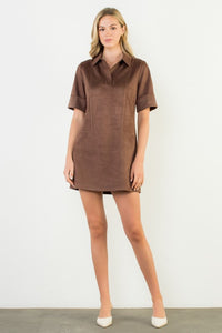 Dark Brown SS Collared Suede Dress (THML)
