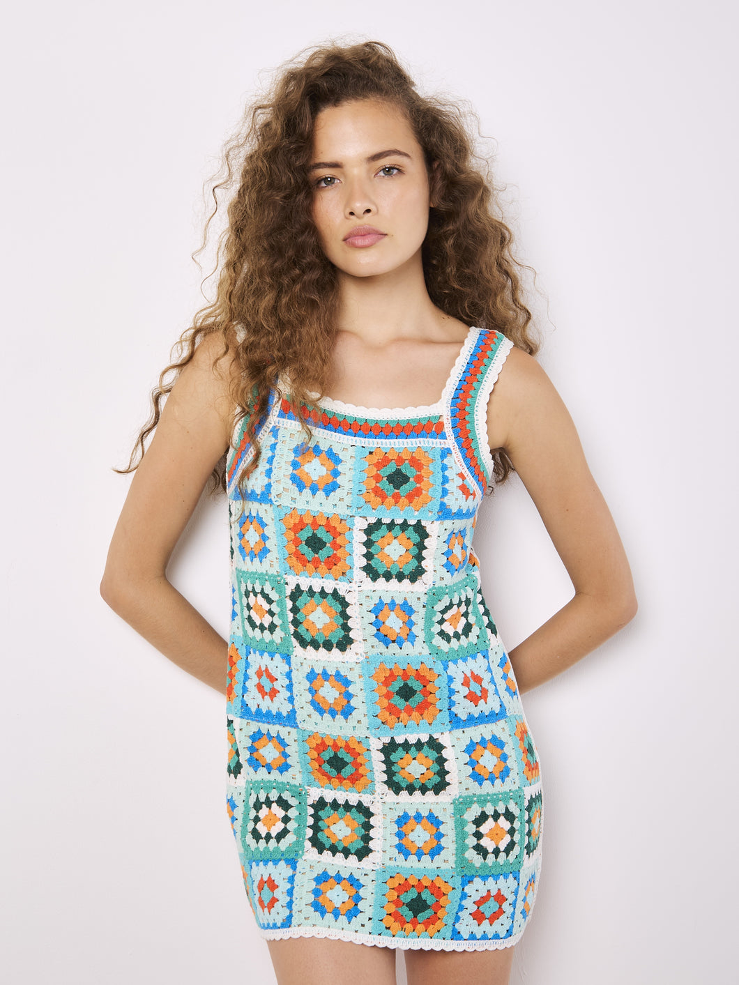 Green/Orange Crochet Square Dress