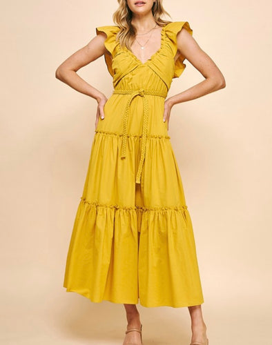 Golden Yellow Slvls Belted Tiered Maxi Dress