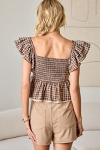 Load image into Gallery viewer, Brown Plaid Gingham Bow Frnt Ruffle Top