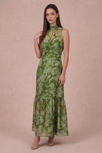 Load image into Gallery viewer, Green Printed Organza Halter Maxi Dress