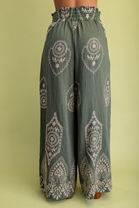 Olive Metallic Embroidery Wide Leg Pants