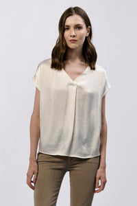 Kristen SS V-Neck Satin Top White