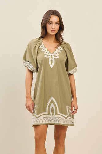Olive Embroidery Puff Slv Dress