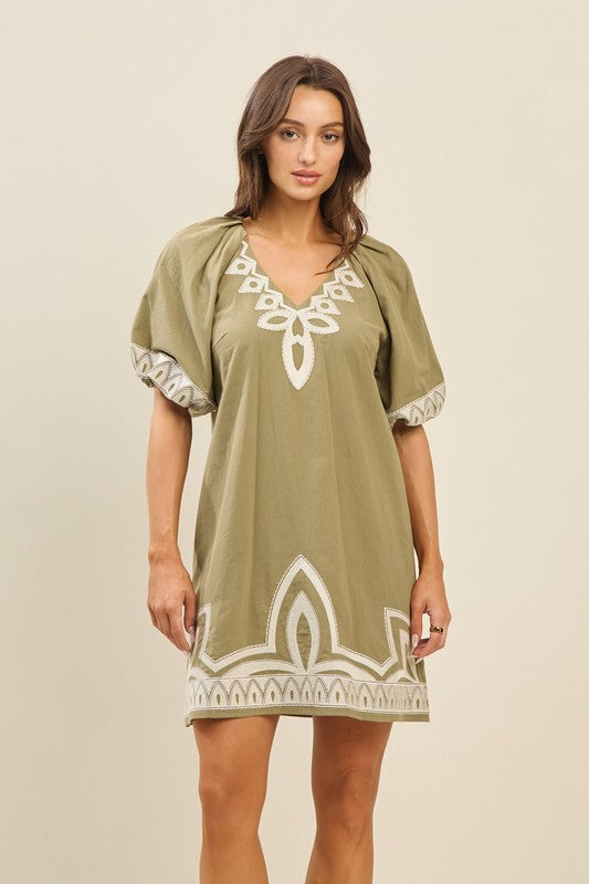 Olive Embroidery Puff Slv Dress