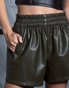 Olive Leather Shorts