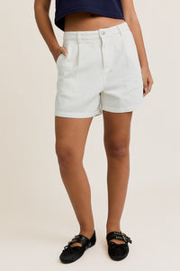 White Denim Pleated Shorts