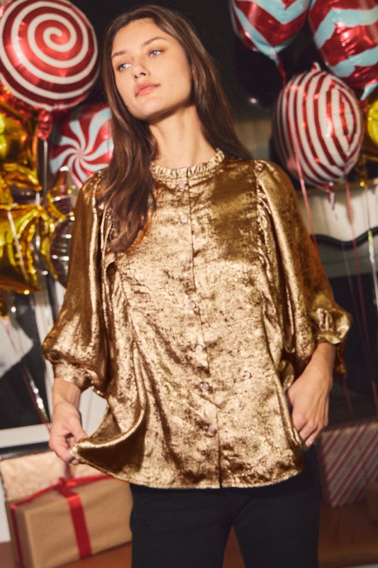 Gold Shimmer LS Button Down Blouse