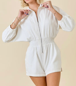 Off White Denim Collared Smocked Waist Romper