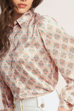 Load image into Gallery viewer, Silky Printed Button LS Blouse Ivory/Pink