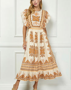 Cream Printed Flutter Slv Maxi Dress