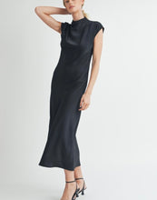 Load image into Gallery viewer, Black Satin Mock Neck Shirring Long Dress