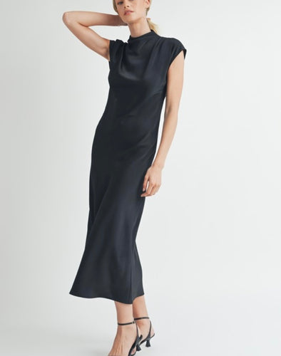 Black Satin Mock Neck Shirring Long Dress