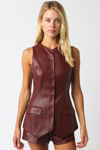 Maroon Slvls Leather Button Down Top