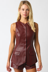 Maroon Slvls Leather Button Down Top