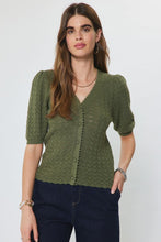 Load image into Gallery viewer, Olive V-Neck Scalloped SS Cardigan Sweater