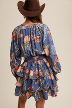 Load image into Gallery viewer, Blue Floral Print V-Neck Tiered Skirt Dress