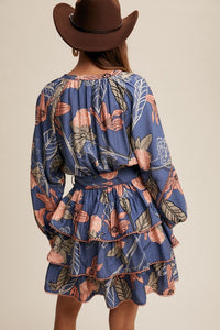 Blue Floral Print V-Neck Tiered Skirt Dress