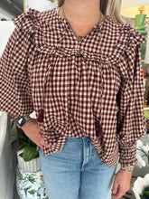 Load image into Gallery viewer, Maroon/Taupe Checkered LS Frnt Tie Top