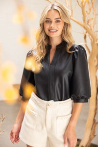 Black Leather Quarter Puff Slv Top