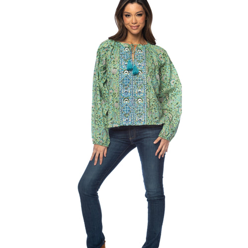 Jaxx Green Printed LS Tassel Detail Blouse