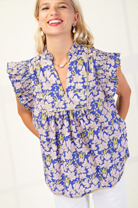 Blue Printed V-Neck Ruffle Slv Top