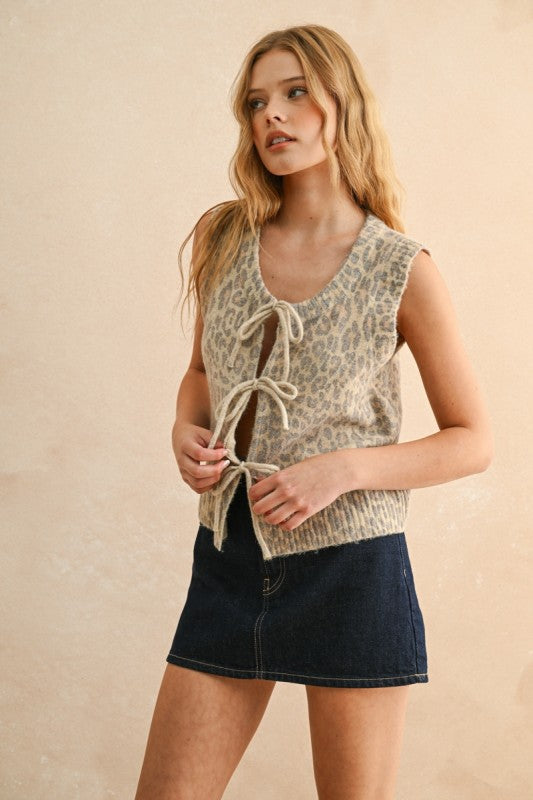 Leopard Tie Frnt Knitted Vest