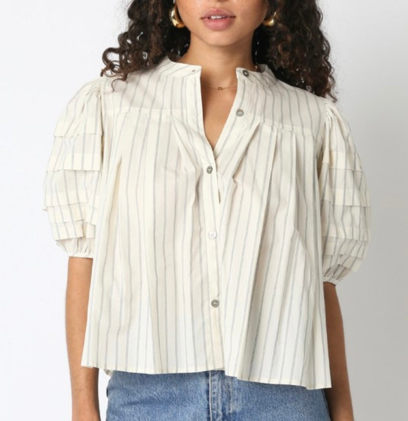 Ivory/Black Striped Button Down Puff Slv Top