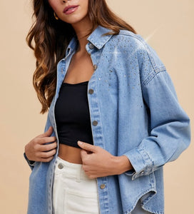 Light Denim Rhinestone Embellished Oversized Shirt